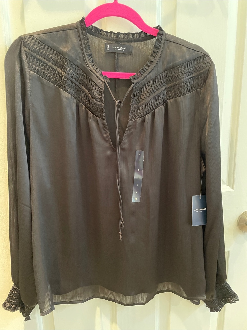 Lucky Brand Smocked Yoke Long Sleeve Peasant Blouse in Black Size L